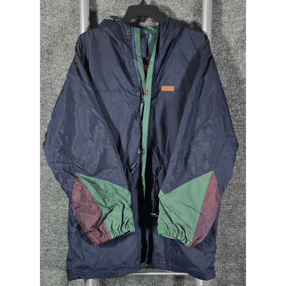 Vintage Coleman Mens Medium Colorblock Hooded Rain Jacket Navy Green Burgundy